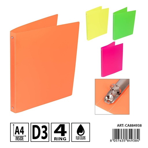 [0237759] Carpeta A4 4 anillas 16mm color flúor - Carpetería y organización de documentos