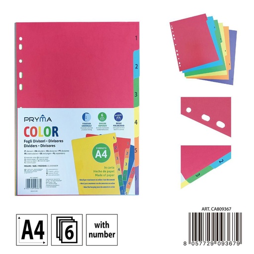 [0238246] Separadores de archivos A4 en color (6 números) - Papelería escolar y organización