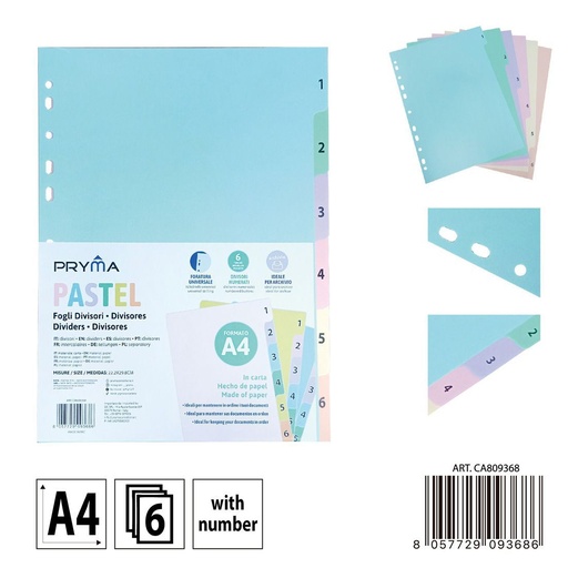 [0238247] Separadores de archivos A4 color pastel con 6 números - Organizador de documentos