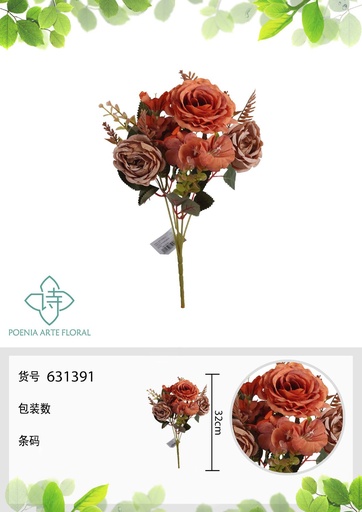 [631391-3NARANJA] Arreglo floral de rosa de bola de nieve y corazón roto 32 cm - Flores artificiales decorativas