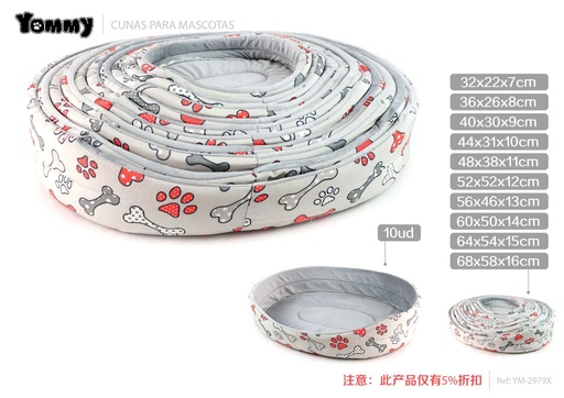 [YM2979X] Cuna de perro con huesos y huellas tricolor ultra suave + lona 68x58x16 cm - Cama para mascotas