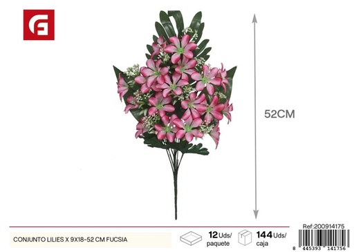 [200914175] Conjunto de lirios 9x18 piezas 52 cm fucsia - Flores artificiales decorativas