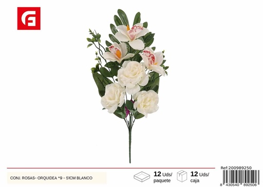 [200989250] Conjunto de Rosas y Orquídeas, 9 unidades - 51 cm, color blanco