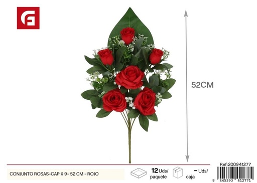 [200941277] Conjunto de rosas y capullos x 9 - 52 cm - Rojo, flores artificiales