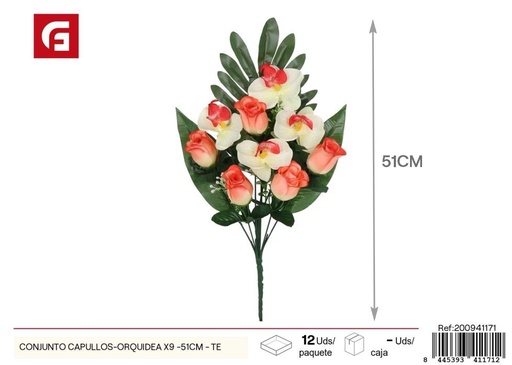 [200941171] Conjunto de capullos y orquídeas x 9 - 51 cm - Té, flores artificiales decorativas