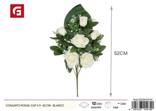 [200941274] Conjunto de Rosas y Capullos, 9 unidades - 52 cm, color blanco