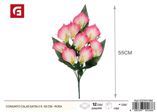 [200941186] Conjunto de calas satinadas 9 uds - 55 cm - Color rosa - Ramos decorativos de flores artificiales