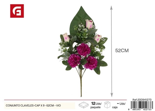 [200941273] Conjunto de claveles y capullos 9 uds - 52 cm - Color violeta - Ramos decorativos de flores artificiales