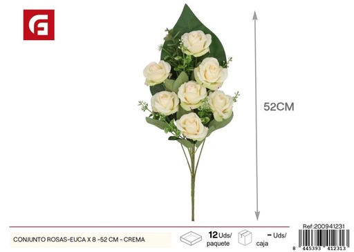 [200941231] Conjunto de rosas y eucalipto 8 uds - 52 cm - Color crema - Ramos decorativos de flores artificiales