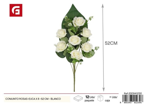 [200941230] Conjunto de rosas y eucalipto 8 uds - 52 cm - Color blanco - Ramos decorativos de flores artificiales