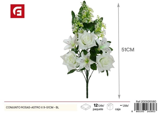 [200926580] Conjunto de rosas-astro 9 piezas 51 cm - Color blanco - Flores artificiales decorativas