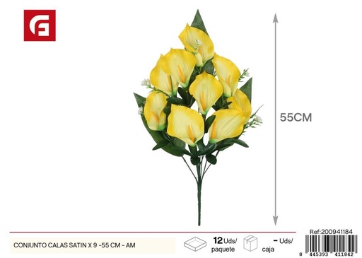 [200941184] Conjunto de calas satinadas 9 piezas 55 cm - Color amarillo - Flores artificiales decorativas