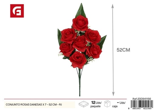 [200941156] Conjunto de rosas danesas 7 piezas 52 cm - Color rojo - Flores artificiales decorativas