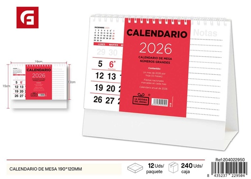 [204022950] Calendario de mesa 190x120 mm - Material escolar y agendas