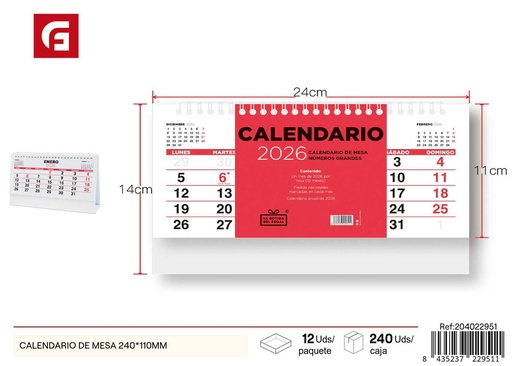[204022951] Calendario de mesa 240x110 mm - Material escolar y agendas