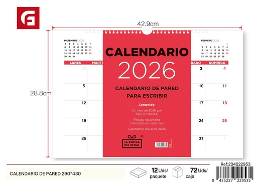 [204022953] Calendario de pared 290 x 430 mm - Material de oficina y agendas organizadoras