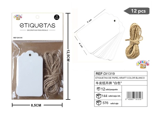 [DI1319] Set de etiquetas de papel Kraft blancas rectangulares 4x7 cm - 12 unidades REF:DI1319