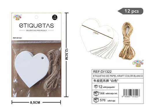 [DI1322] Set de etiquetas de papel Kraft blancas con forma de corazón 5,8 cm - 12 unidades REF:DI1322