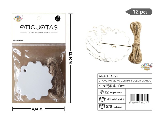 [DI1323] Set de etiquetas de papel Kraft blancas con flores 5,8 cm - 12 unidades REF:DI1323
