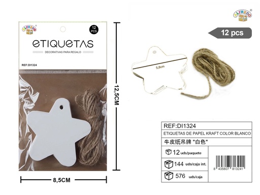 [DI1324] Set de etiquetas de papel Kraft blancas con forma de estrella 5,8 cm - 12 unidades REF:DI1324