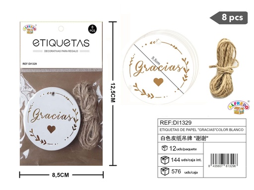 [DI1329] Set de etiquetas de papel "Gracias" blancas 5,5 cm - 8 unidades REF:DI1329