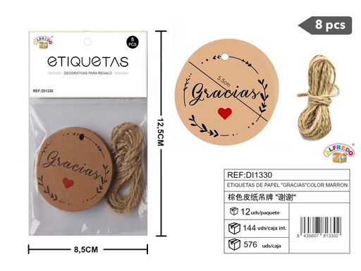 [DI1330] Set de etiquetas de papel "Gracias" color Kraft 5,5 cm - 8 unidades REF:DI1330