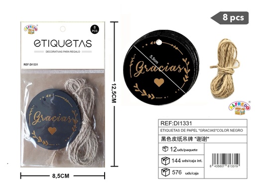 [DI1331] Set de etiquetas de papel "Gracias" color negro 5,5 cm - 8 unidades REF:DI1331