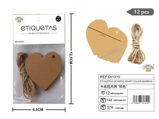 [DI1310] Etiquetas de papel Kraft color marrón con forma de corazón 10,5x10,5 cm