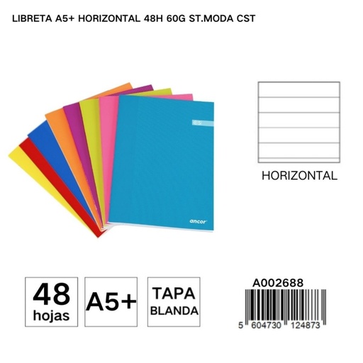 [A002688] Libreta A5+ horizontal 48 hojas 60g - Artículos de papelería