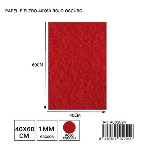 [A002694] Papel fieltro rojo oscuro 40x60 cm - Materiales de manualidades