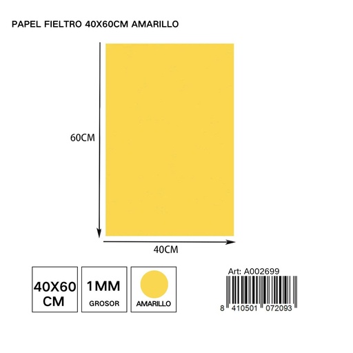 [A002699] Papel fieltro amarillo 40x60 cm - Materiales de manualidades