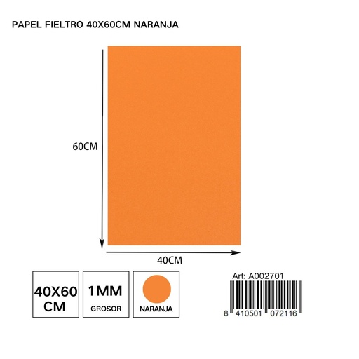 [A002701] Papel fieltro 40x60 cm naranja - Para manualidades y decoraciones