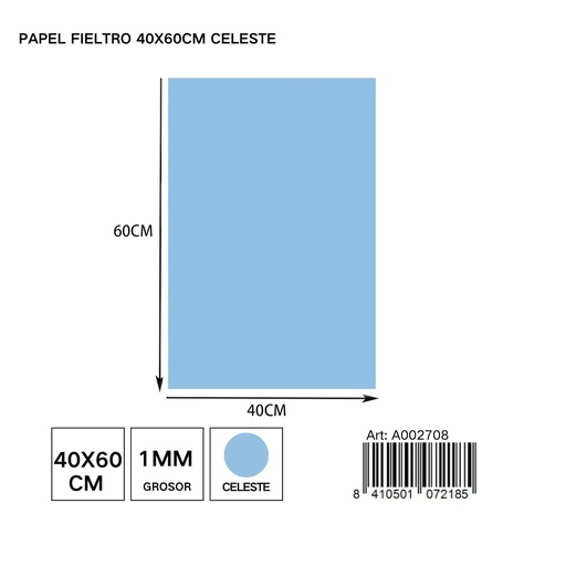 [A002708] Papel fieltro 40x60 cm celeste - Perfecto para manualidades