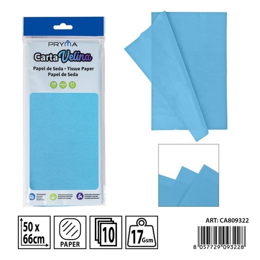 [0238218] Papel de seda azul claro 50x66 cm 10FF - Material de manualidades
