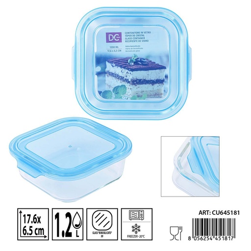 [0238480] Táper de cristal cuadrado 1200ml 17.6x17.6x6.5cm - Recipientes de almacenamiento en vidrio