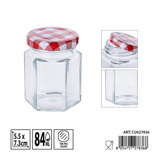 [0236243] Bote hexagonal de vidrio con tapa 84ml - Envases de almacenamiento decorativos