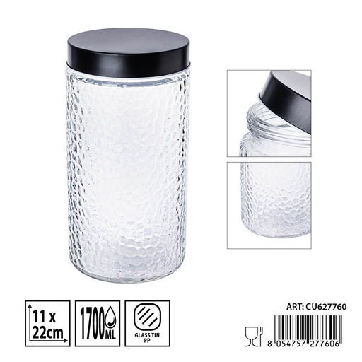 [0236323] Tarro de vidrio con tapa negra 1.7L - Envases de almacenamiento elegantes