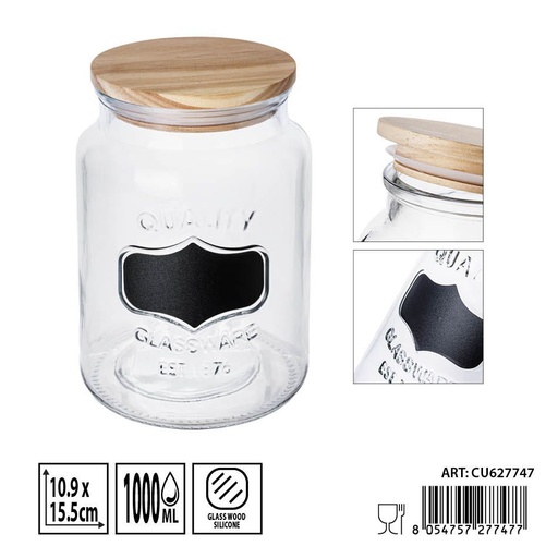 [0236310] Bote de cristal con tapa de madera 1L - Envases de almacenamiento elegantes