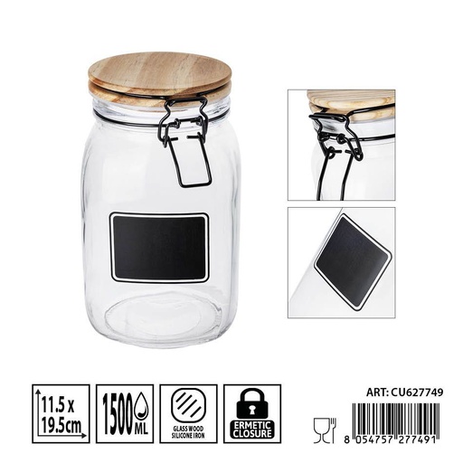 [0236312] Bote de cristal hermético con tapa de madera 1.5L - Envases de almacenamiento seguros