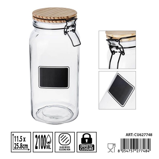 [0236311] Bote de cristal hermético con tapa de madera 2.1L - Envases de almacenamiento seguros