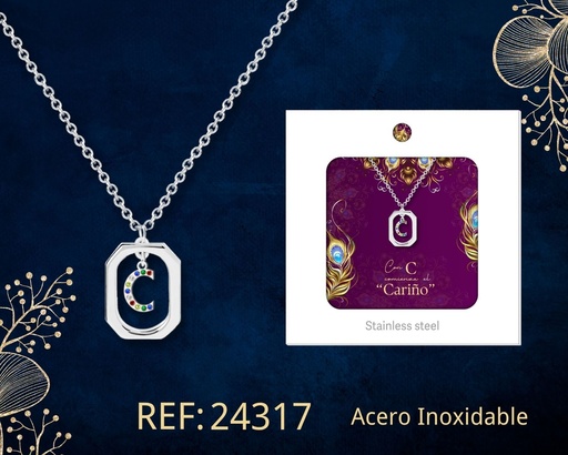 [24317] Collar letra C de acero plateado con caja - Joyería y accesorios