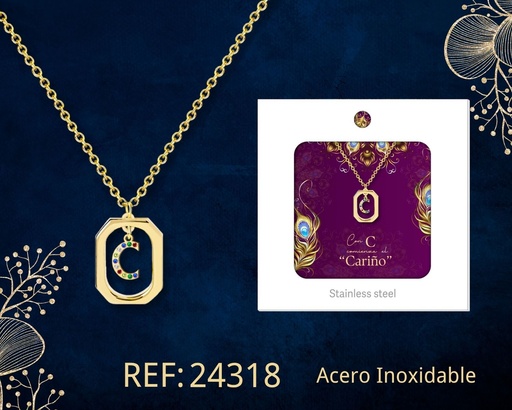 [24318] Collar letra C de acero dorado con caja - Joyería y accesorios