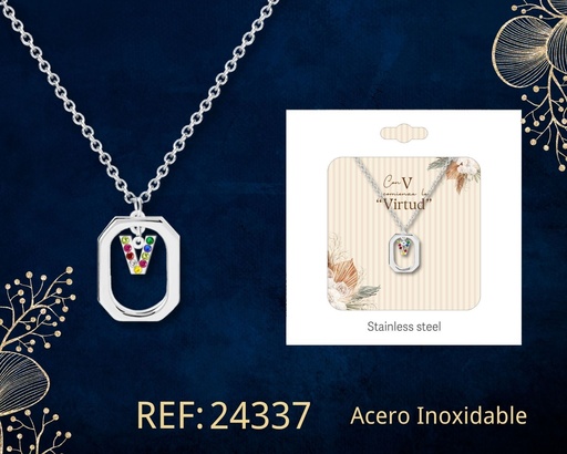 [24337] Collar letra V de acero plateado con caja - Joyería y accesorios