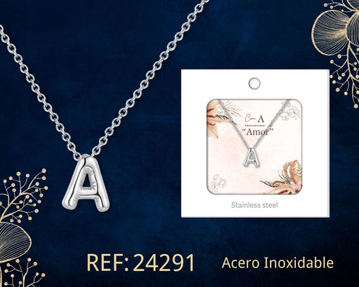 [24291] Collar letra A de acero plateado con caja - Joyería y accesorios