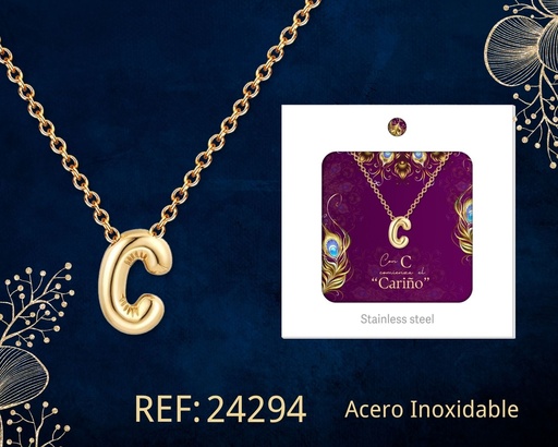 [24294] Collar letra C de acero dorado con caja - Joyería y accesorios