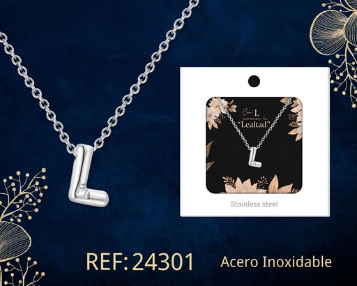[24301] Collar letra L de acero plateado con caja - Joyería y accesorios