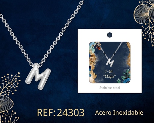 [24303] Collar letra M de acero plateado con caja - Joyería y accesorios