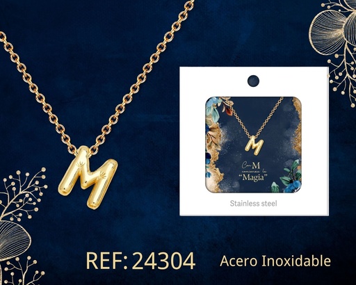 [24304] Collar letra M de acero dorado con caja - Joyería y accesorios