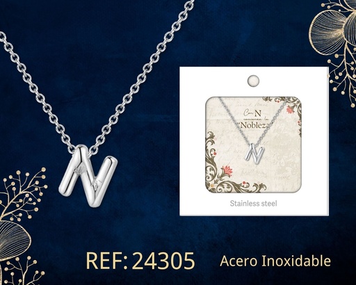 [24305] Collar letra N de acero plateado con caja - Joyería y accesorios