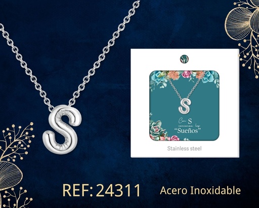 [24311] Collar letra S de acero plateado con caja - Joyería y accesorios